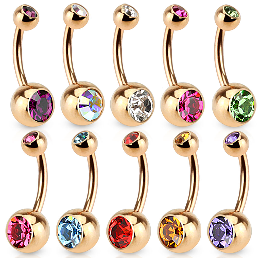 14GA & 16GA Rose Gold IP 316L Surgical Steel Double CZ Crystal Belly Button Ring