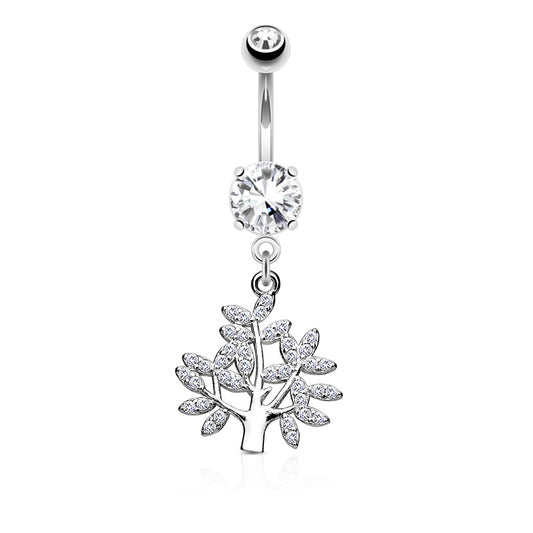 14G Micro CZ Paved Life Tree Dangle and Round CZ Set 316L Surgical Steel Belly Button Navel Rings