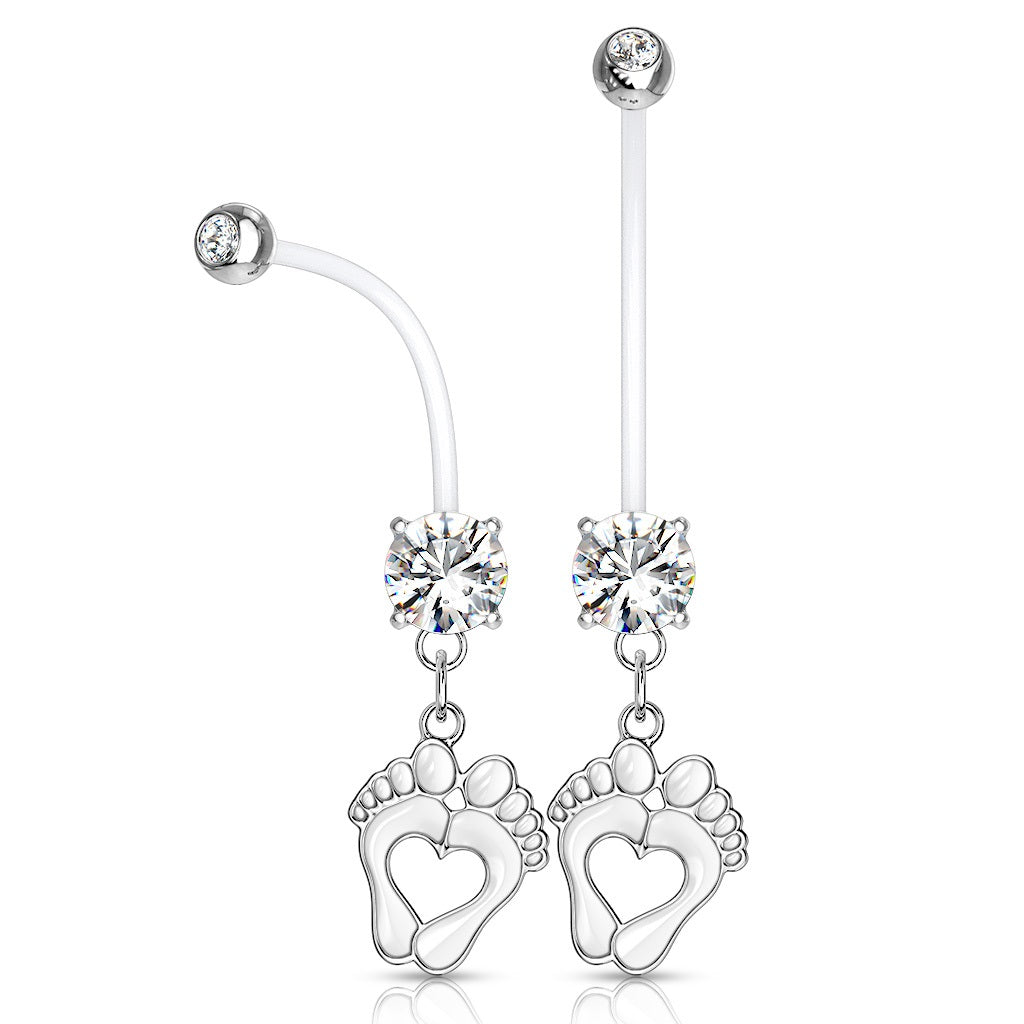 14G Double Jeweled Prong Set Round CZ with Heart Baby Feet Dangle Pregnancy Belly Rings Bioflex with 316L Surgical Steel Balls