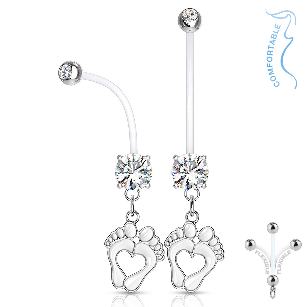 14G Double Jeweled Prong Set Round CZ with Heart Baby Feet Dangle Pregnancy Belly Rings Bioflex with 316L Surgical Steel Balls