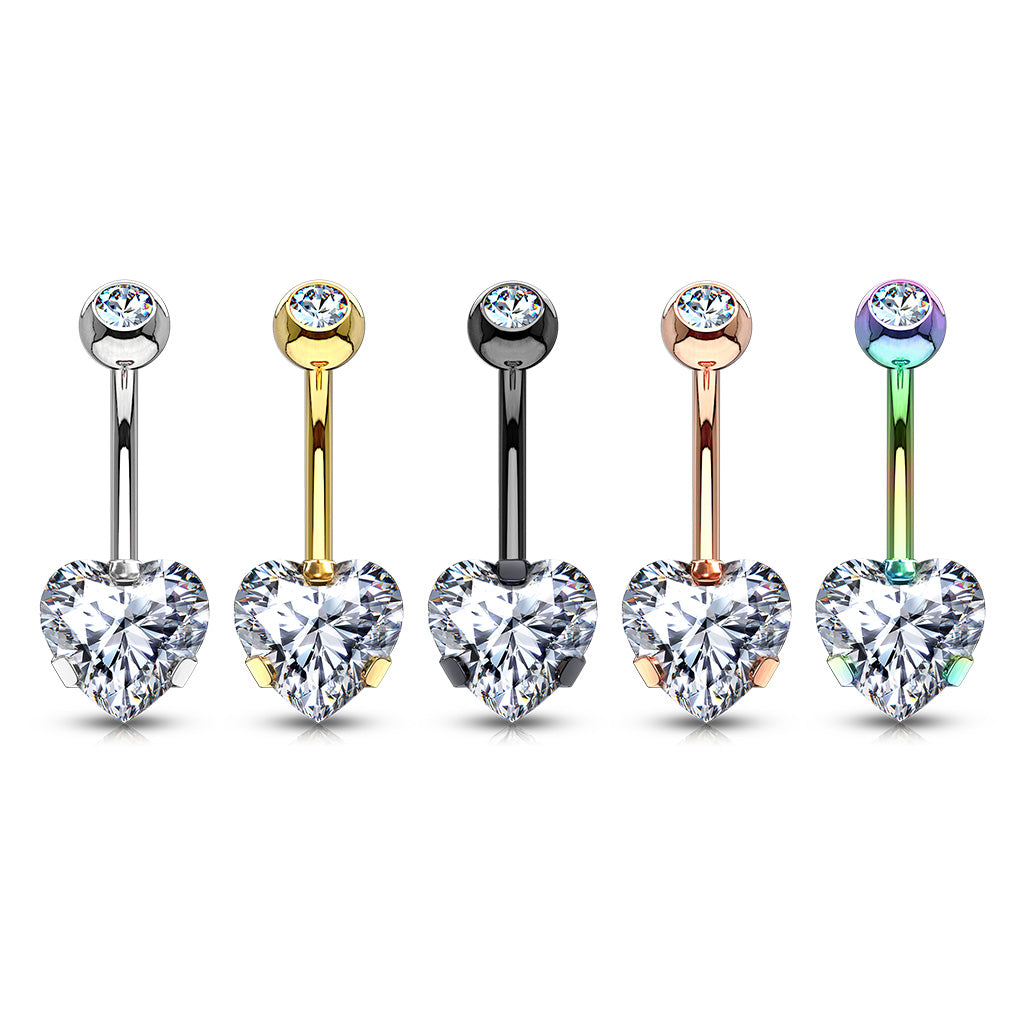 14GA Prong Set 8mm Heart CZ 316L Surgical Steel Naval Belly Button Ring
