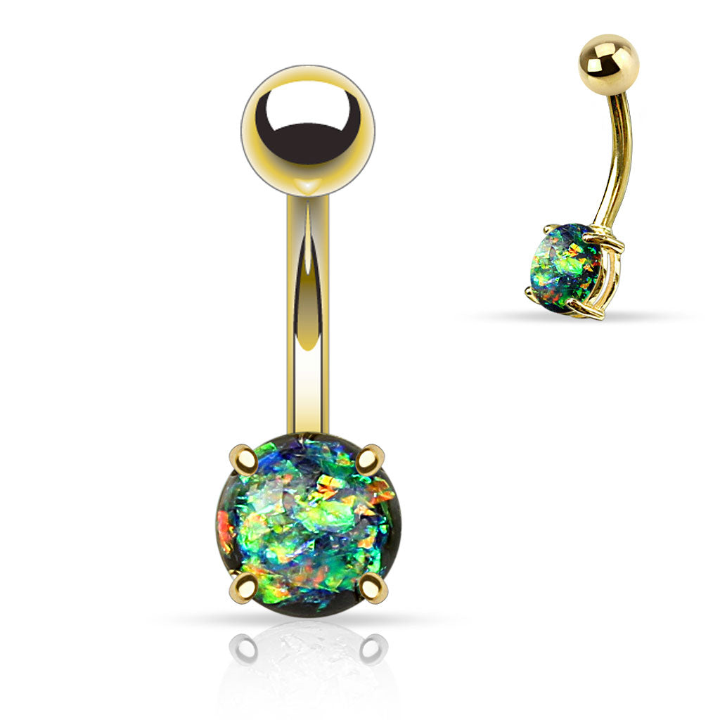 14GA Synthetic Opal Glitter Prong Set Gold IP Over 316L Surgical Steel Belly Button Ring
