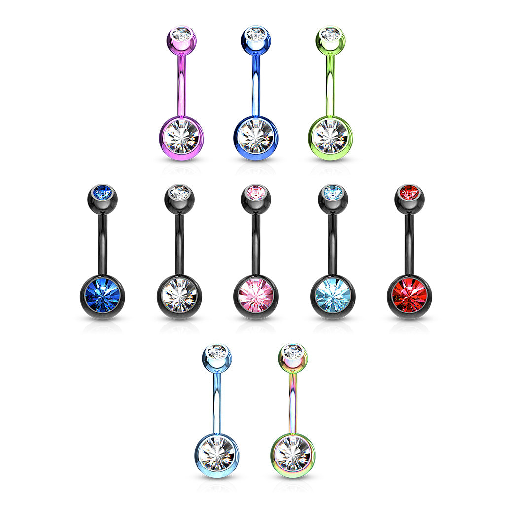 14GA Titanium IP 316L Double CZ Barbell Belly Rings (Various Colors)