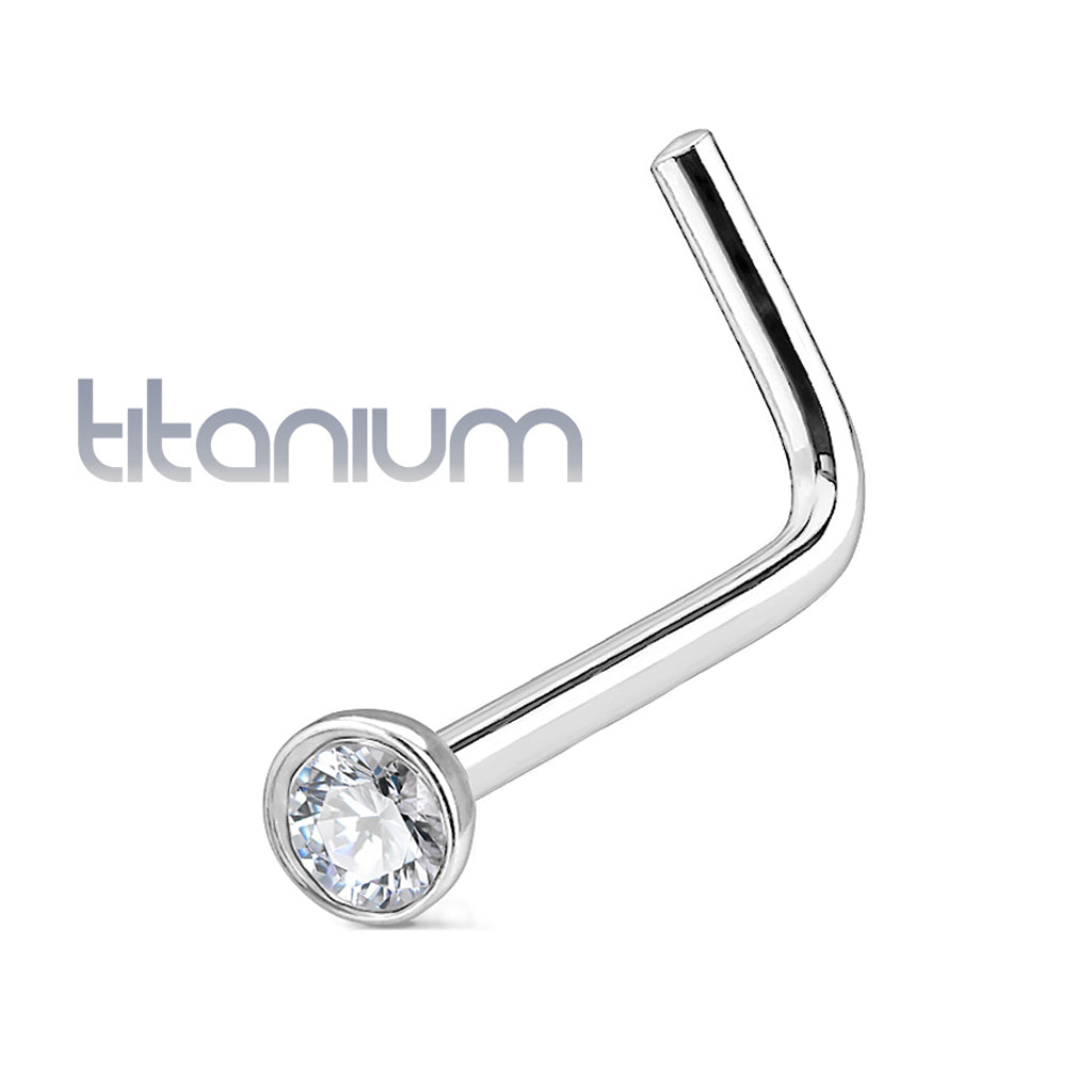 Solid Grade 23 Titanium Press Fit Cubic Zirconia Micro Ball Top L Bend Stud Nose Ring