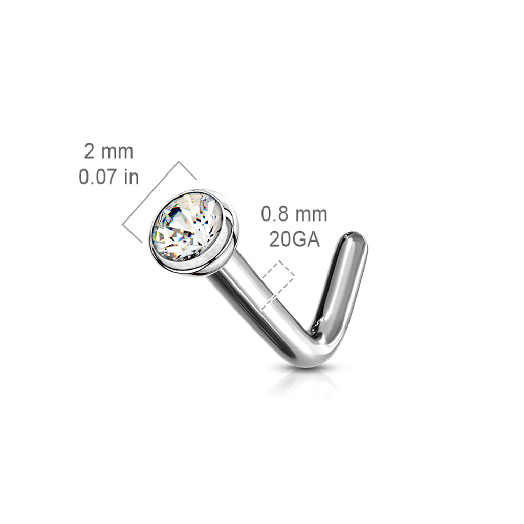 Solid Grade 23 Titanium Press Fit Cubic Zirconia Micro Ball Top L Bend Stud Nose Ring
